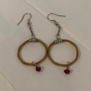 Guitar string  and Red faux Ruby stone dangle fishhook   Earrings handmade